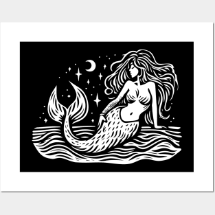 Woodcut Mermaid Posters and Art